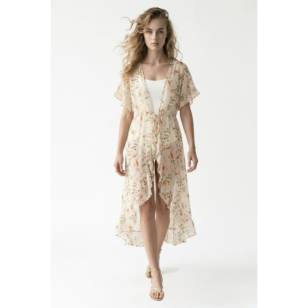 CURE Women's L Cover Up Open Front With Tie Floral Sheer Hi-Lo Hem Multi